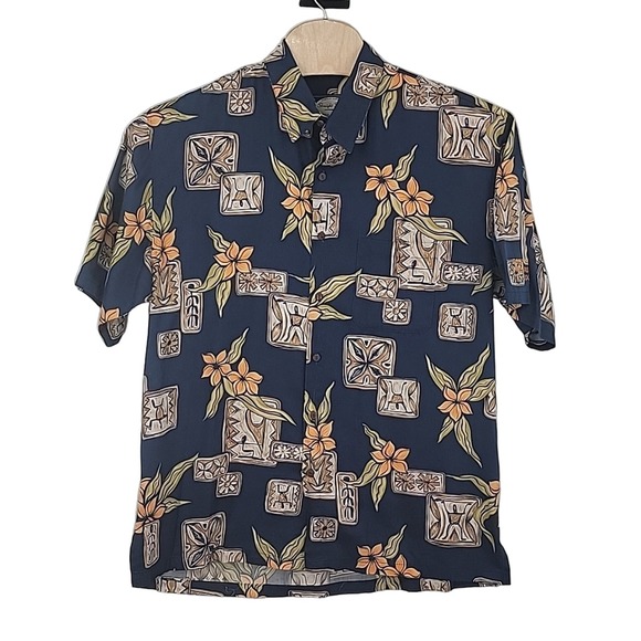 Vintage STRAIGHT DOWN Hawaiian Floral Button Up Shirt Mens XL Blue Sateen USA - Picture 2 of 6